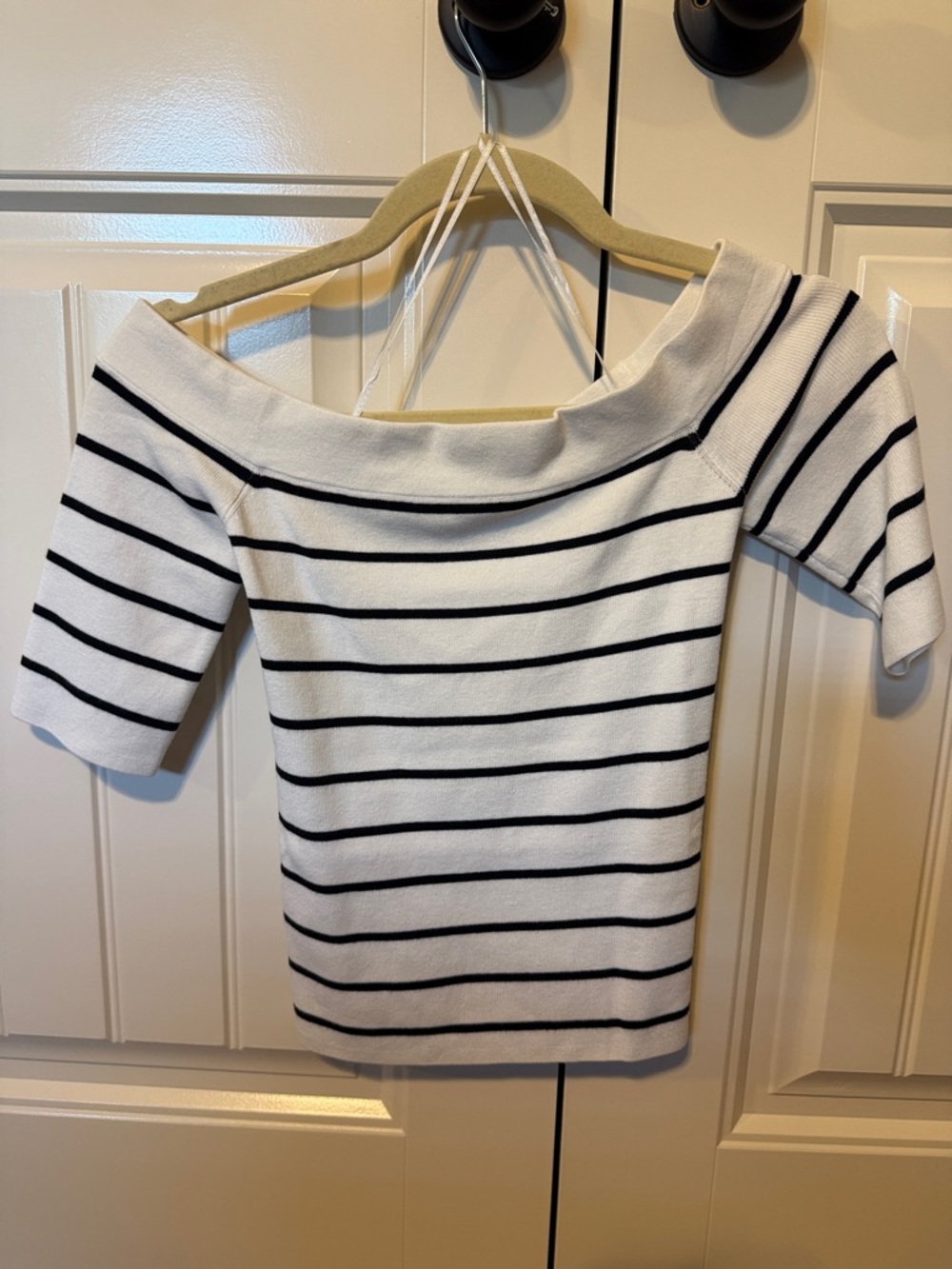 LOFT White Off-the-Shoulder Striped Knit Top